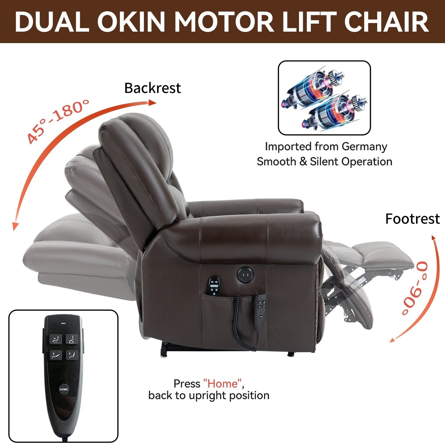 Fauteuil inclinable électrique en cuir véritable avec deux moteurs, massage chauffant, ports USB et fonction d'inclinaison complète