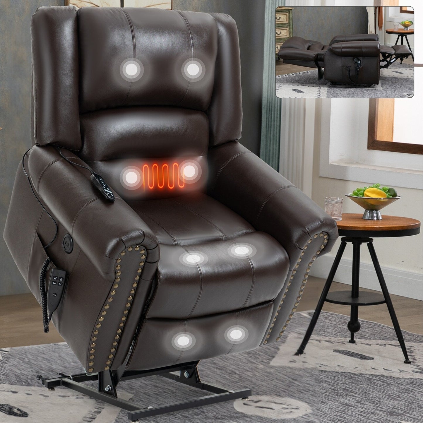 Fauteuil inclinable électrique en cuir véritable avec deux moteurs, massage chauffant, ports USB et fonction d'inclinaison complète