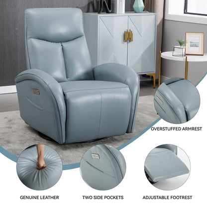 Fauteuil inclinable électrique en cuir véritable avec pivot à 270°, mouvement de bascule, soutien lombaire et ports de chargement USB et Type-C