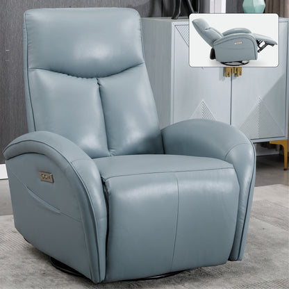 Fauteuil inclinable électrique en cuir véritable avec pivot à 270°, mouvement de bascule, soutien lombaire et ports de chargement USB et Type-C