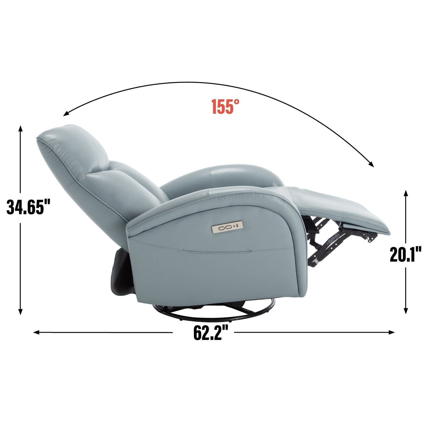 Fauteuil inclinable électrique en cuir véritable avec pivot à 270°, mouvement de bascule, soutien lombaire et ports de chargement USB et Type-C