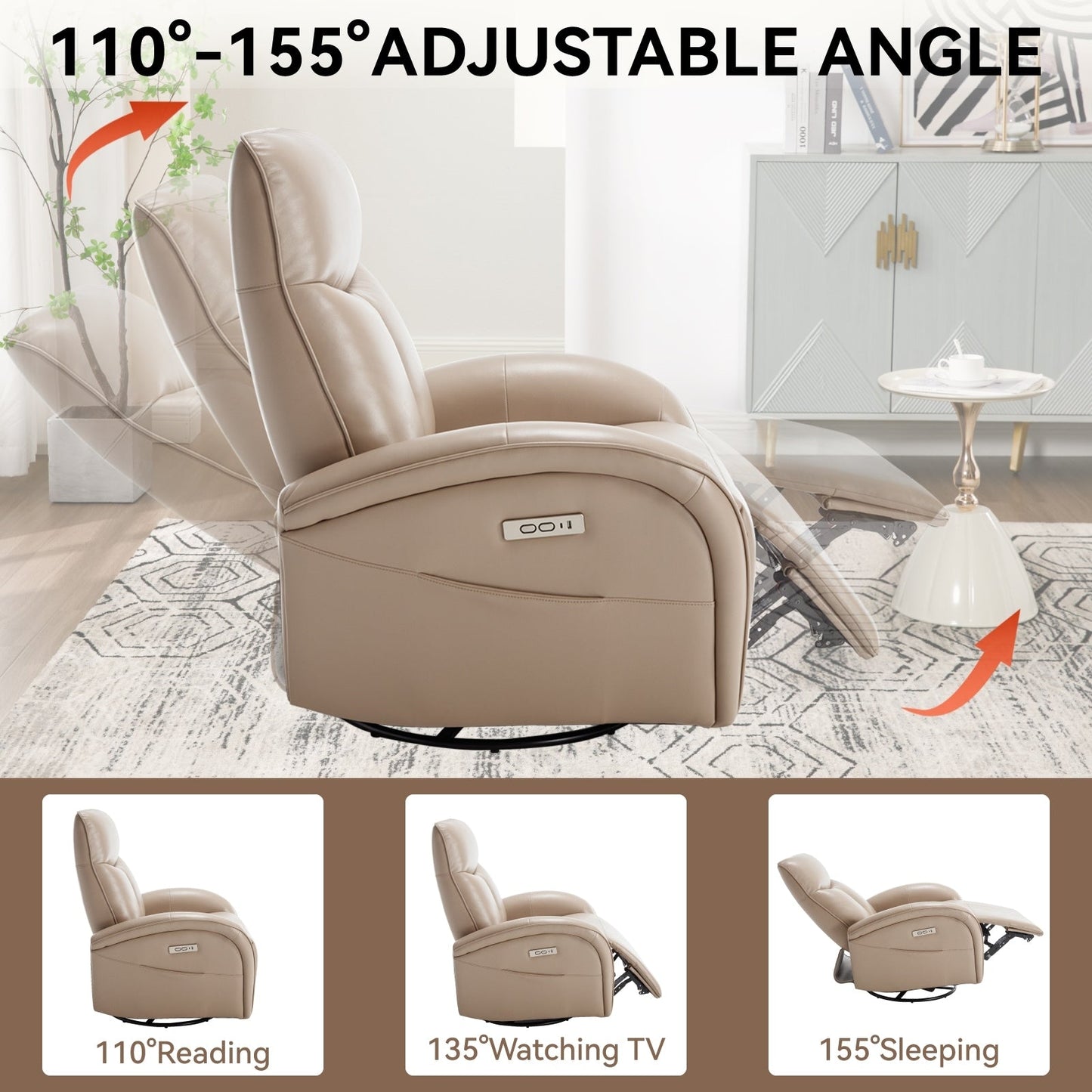 Fauteuil inclinable électrique en cuir véritable avec pivot à 270°, mouvement de bascule, soutien lombaire et ports de chargement USB et Type-C