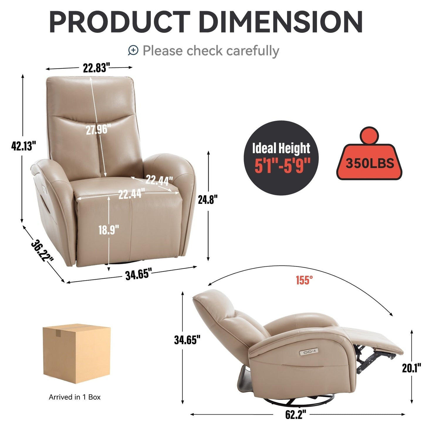Fauteuil inclinable électrique en cuir véritable, pivotant à 270°, USB, Type-C
