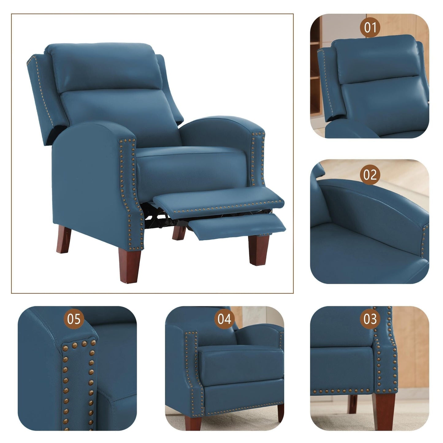 Fauteuil inclinable en cuir véritable avec dossier multi-angles et pieds en bois massif