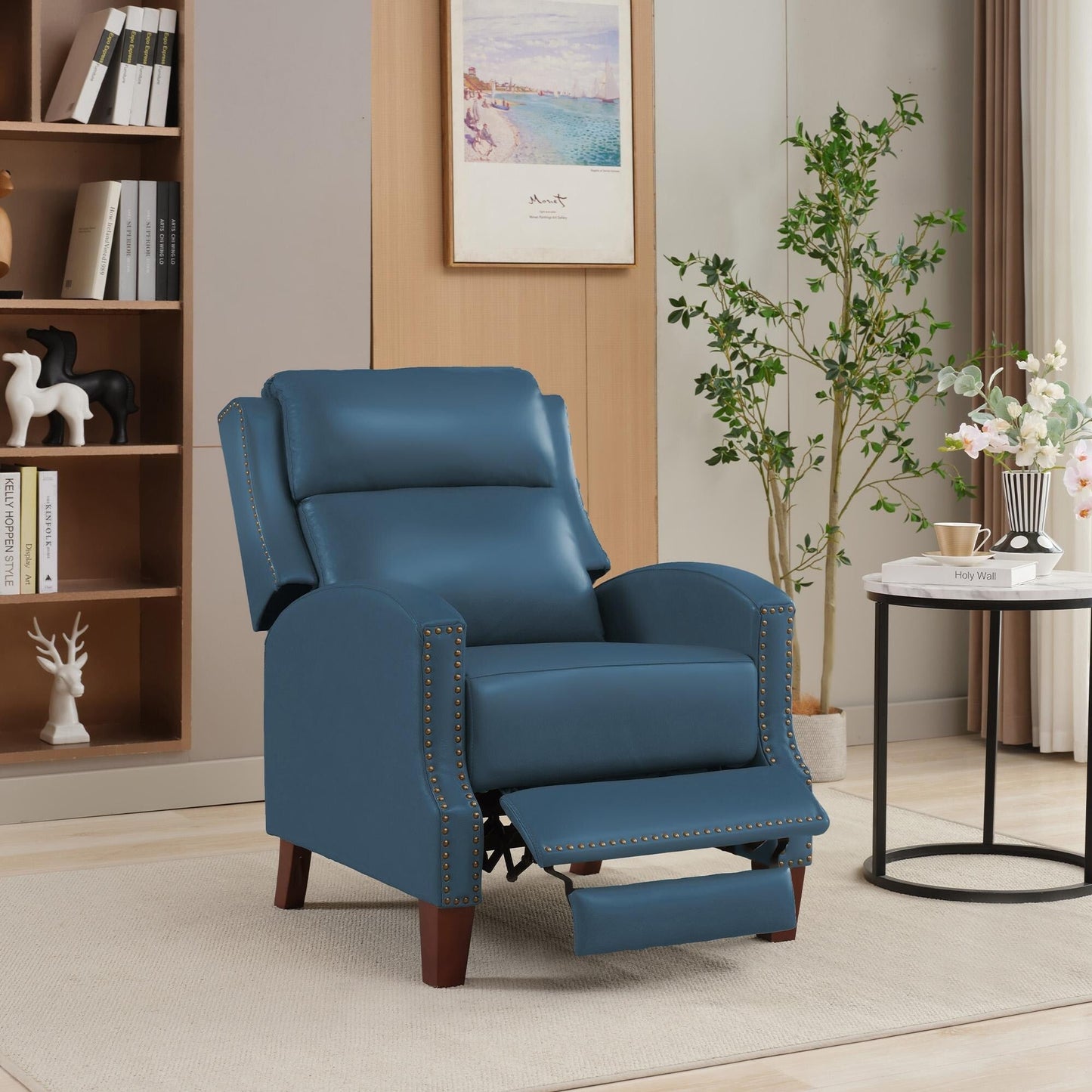 Fauteuil inclinable en cuir véritable avec dossier multi-angles et pieds en bois massif