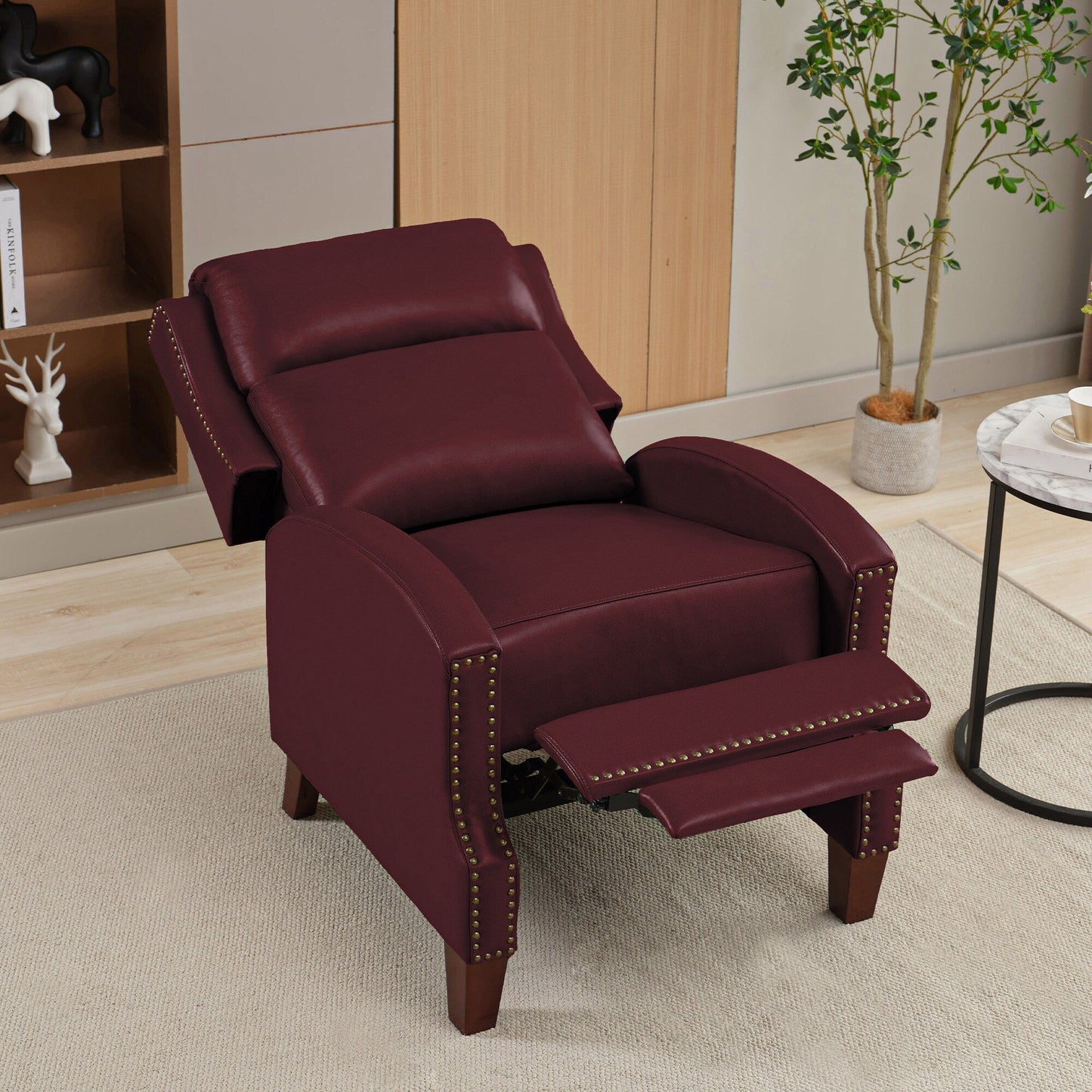 Fauteuil inclinable en cuir véritable avec dossier multi-angles et pieds en bois massif
