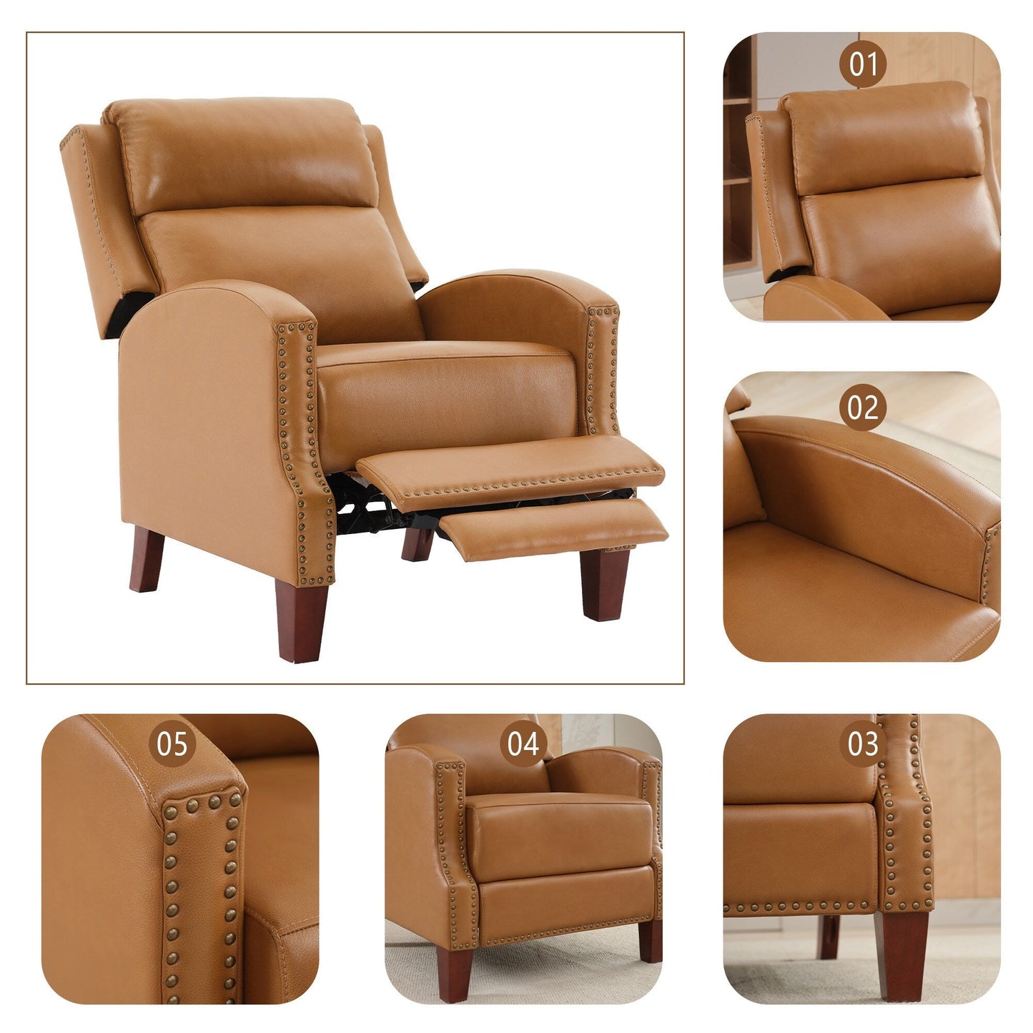 Fauteuil inclinable en cuir véritable avec dossier multi-angles et pieds en bois massif