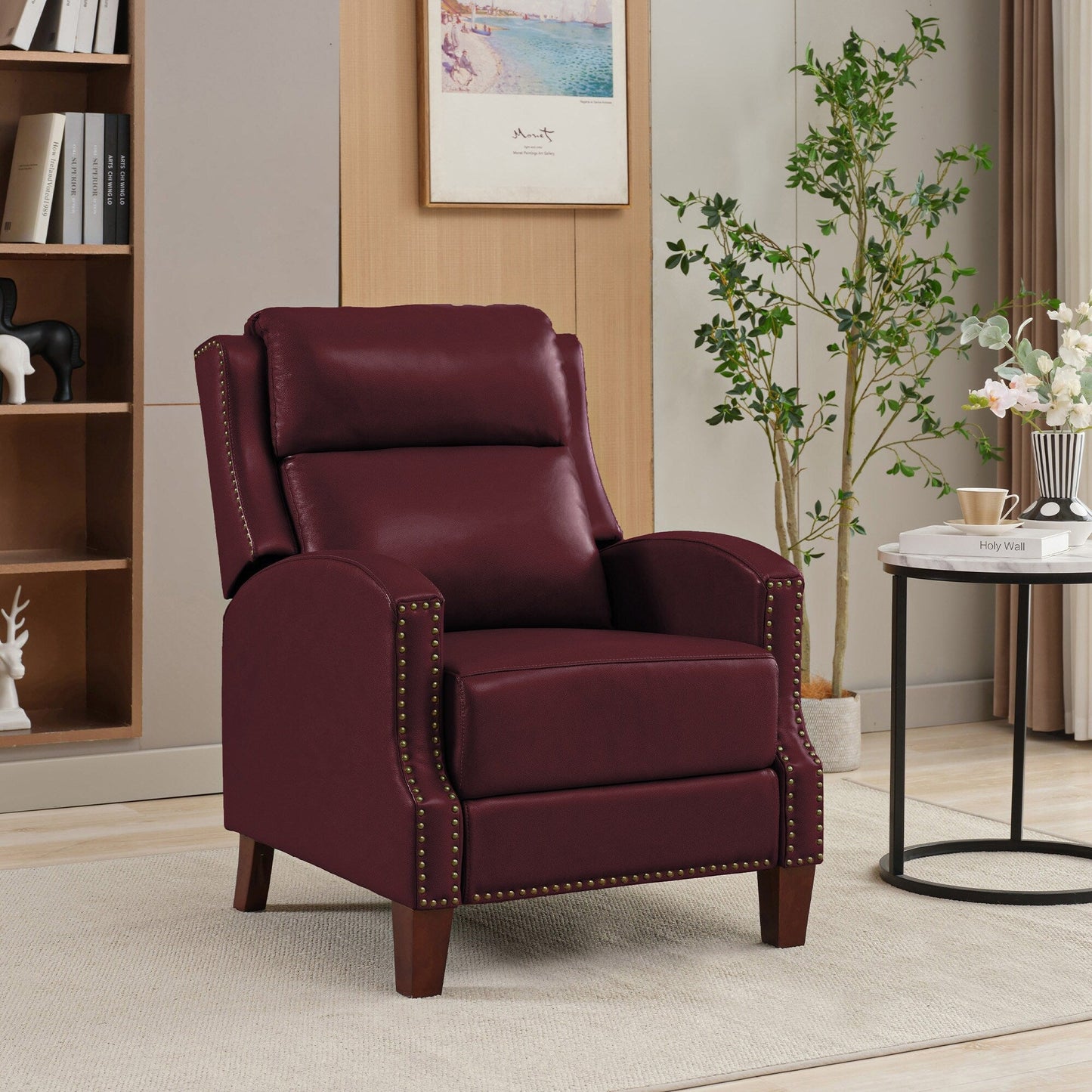 Fauteuil inclinable en cuir véritable avec dossier multi-angles et pieds en bois massif