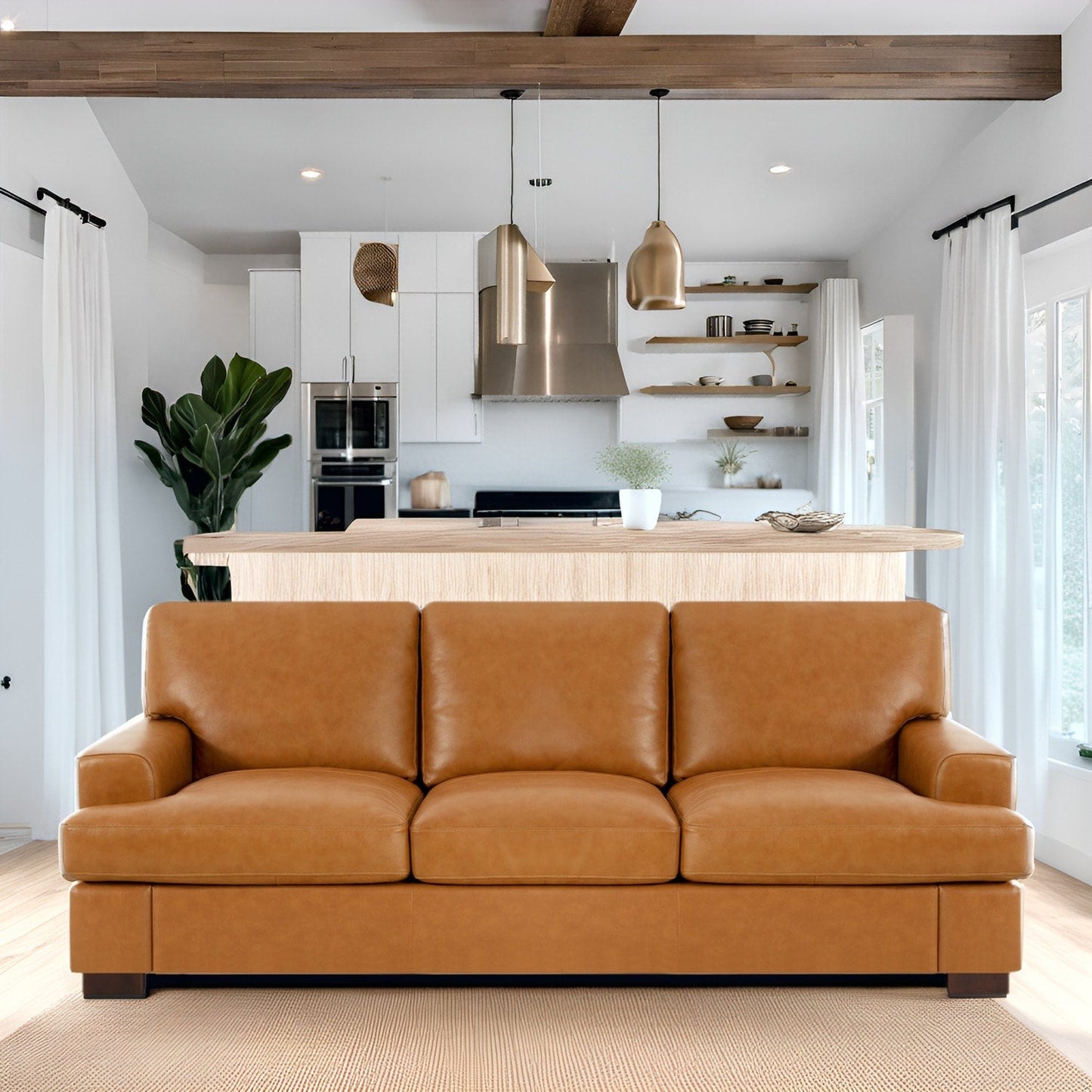 Canapé 3 places en cuir véritable de qualité supérieure avec assise moelleuse et coussins en plumes d'oie pour un confort ultime