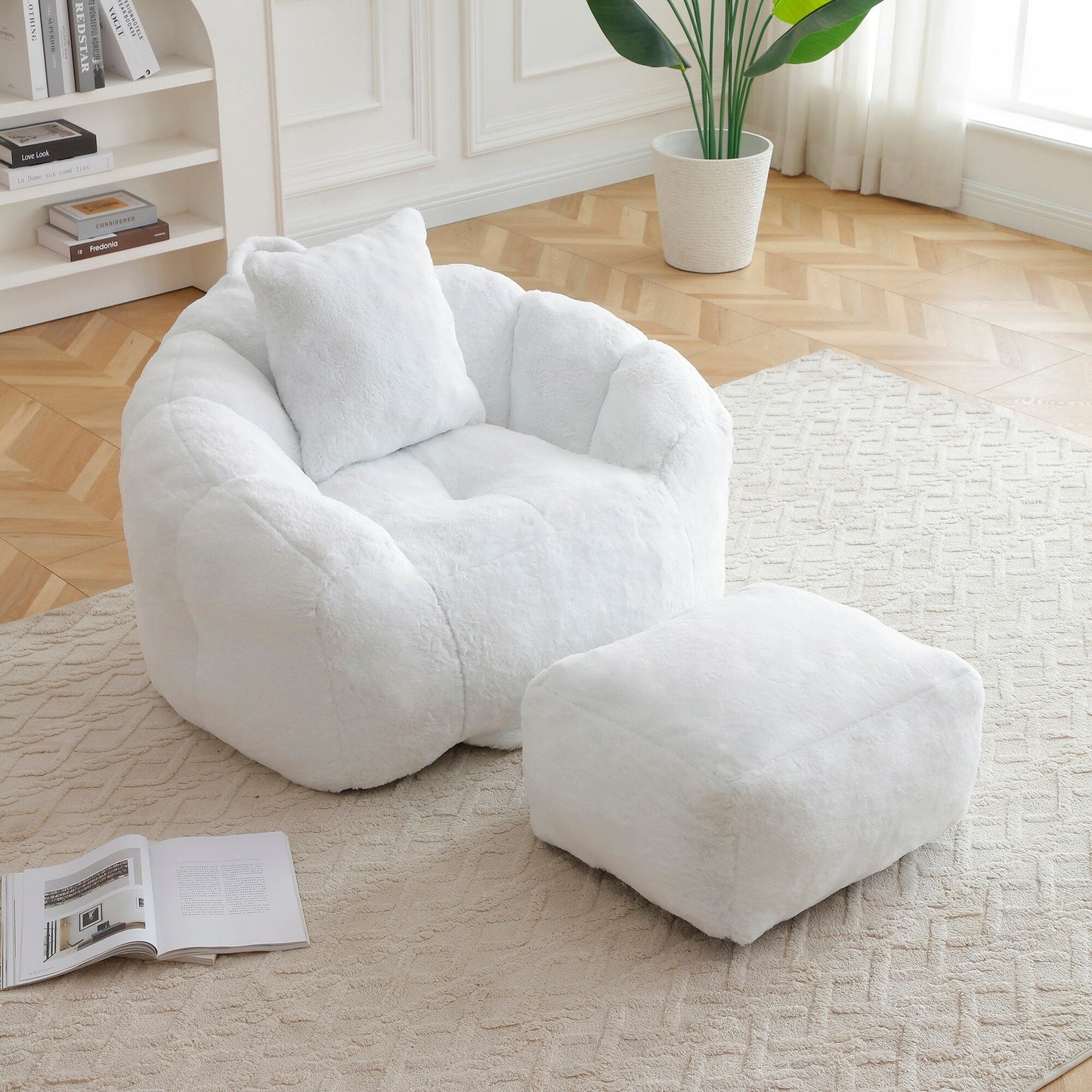 Pouf géant avec repose-pieds, pouf surdimensionné pour adultes et enfants, grand fauteuil en fausse fourrure en forme de coquillage avec rembourrage