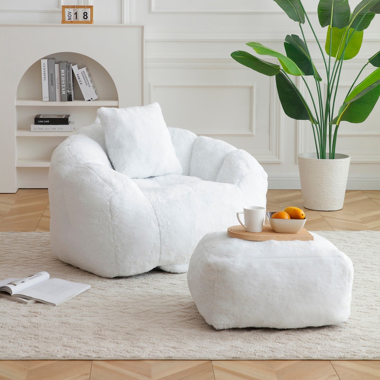 Pouf géant avec repose-pieds, pouf surdimensionné pour adultes et enfants, grand fauteuil en fausse fourrure en forme de coquillage avec rembourrage