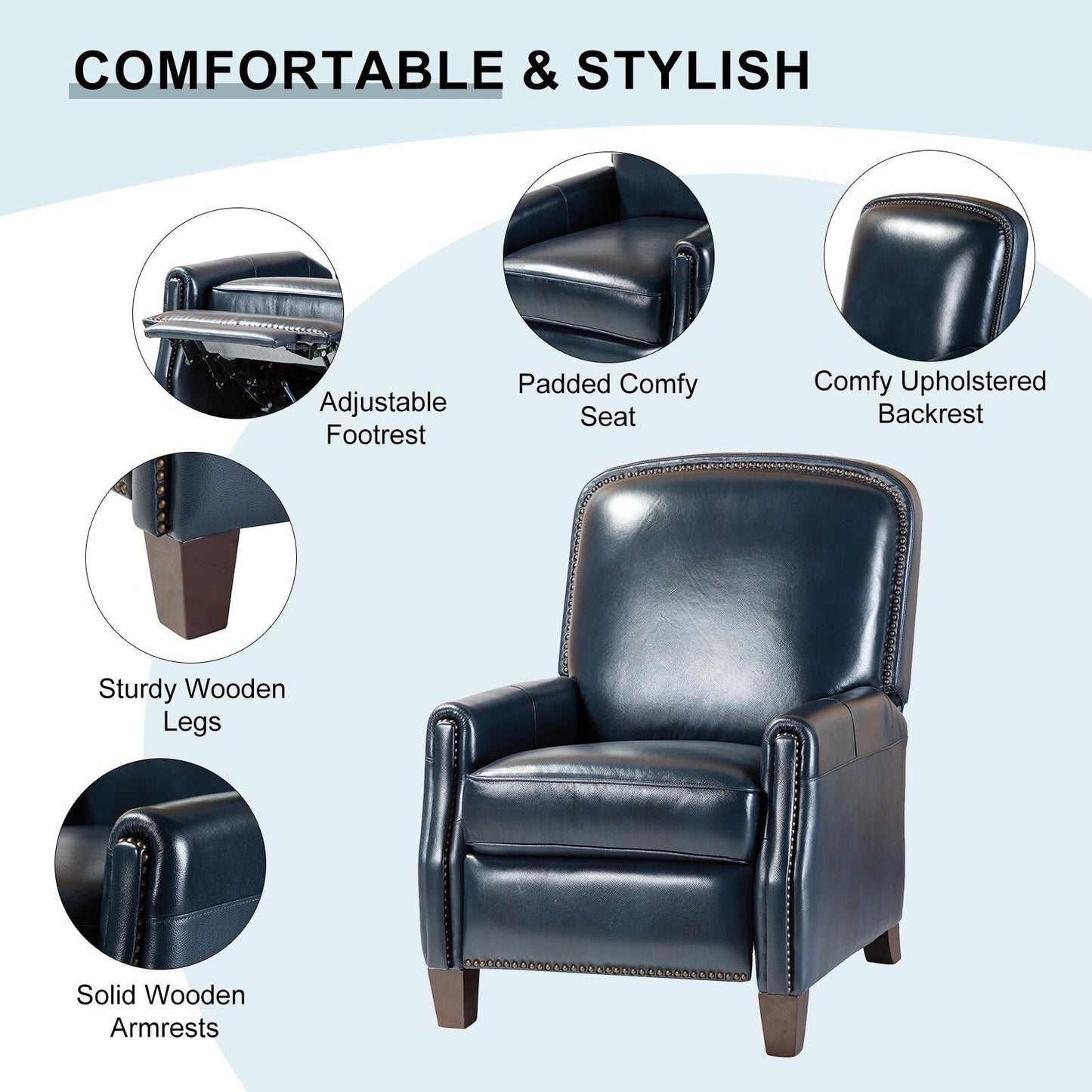 Fauteuil inclinable Gladis Modern Retro en cuir véritable avec garniture cloutée par HULALA HOME