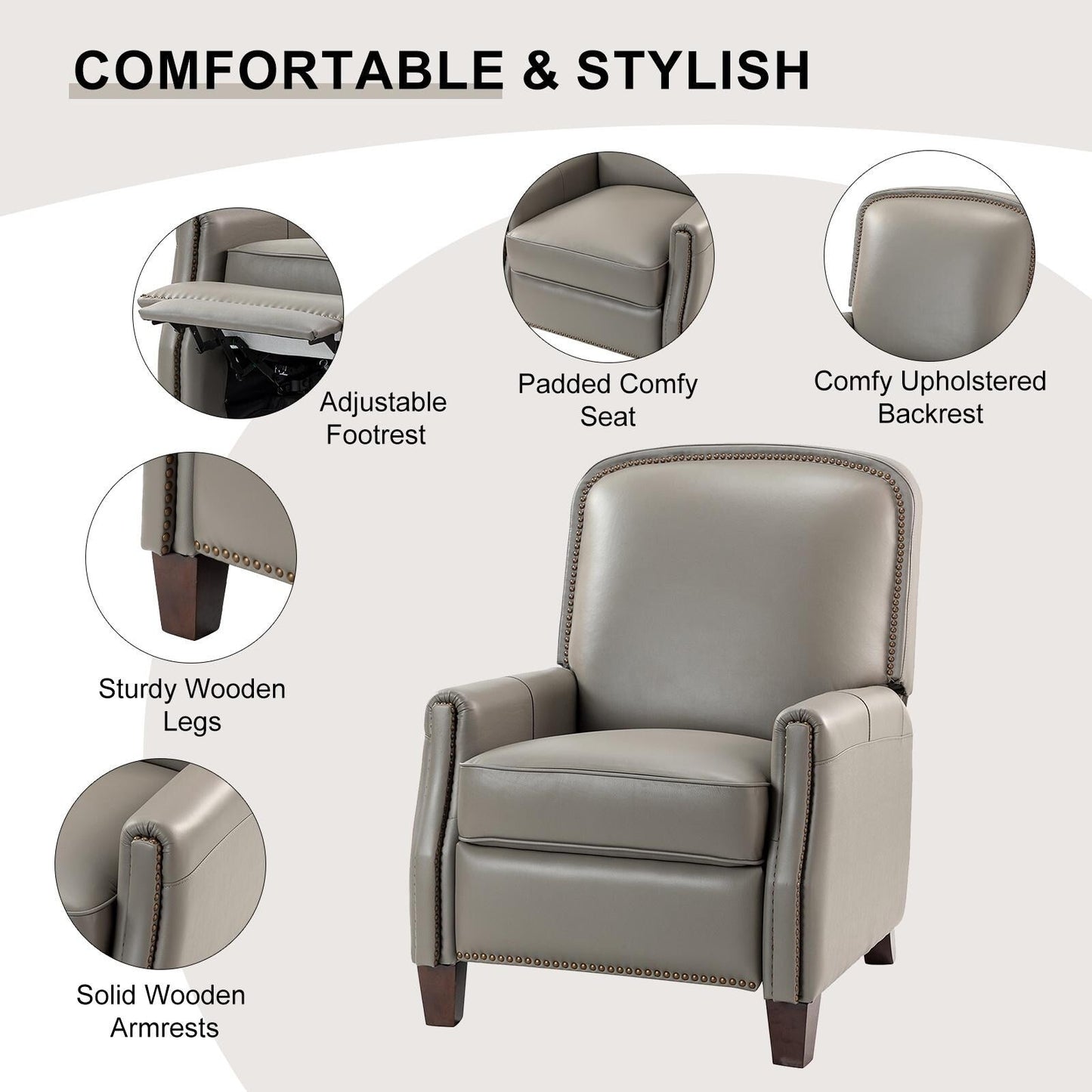 Fauteuil inclinable Gladis Modern Retro en cuir véritable avec garniture cloutée par HULALA HOME