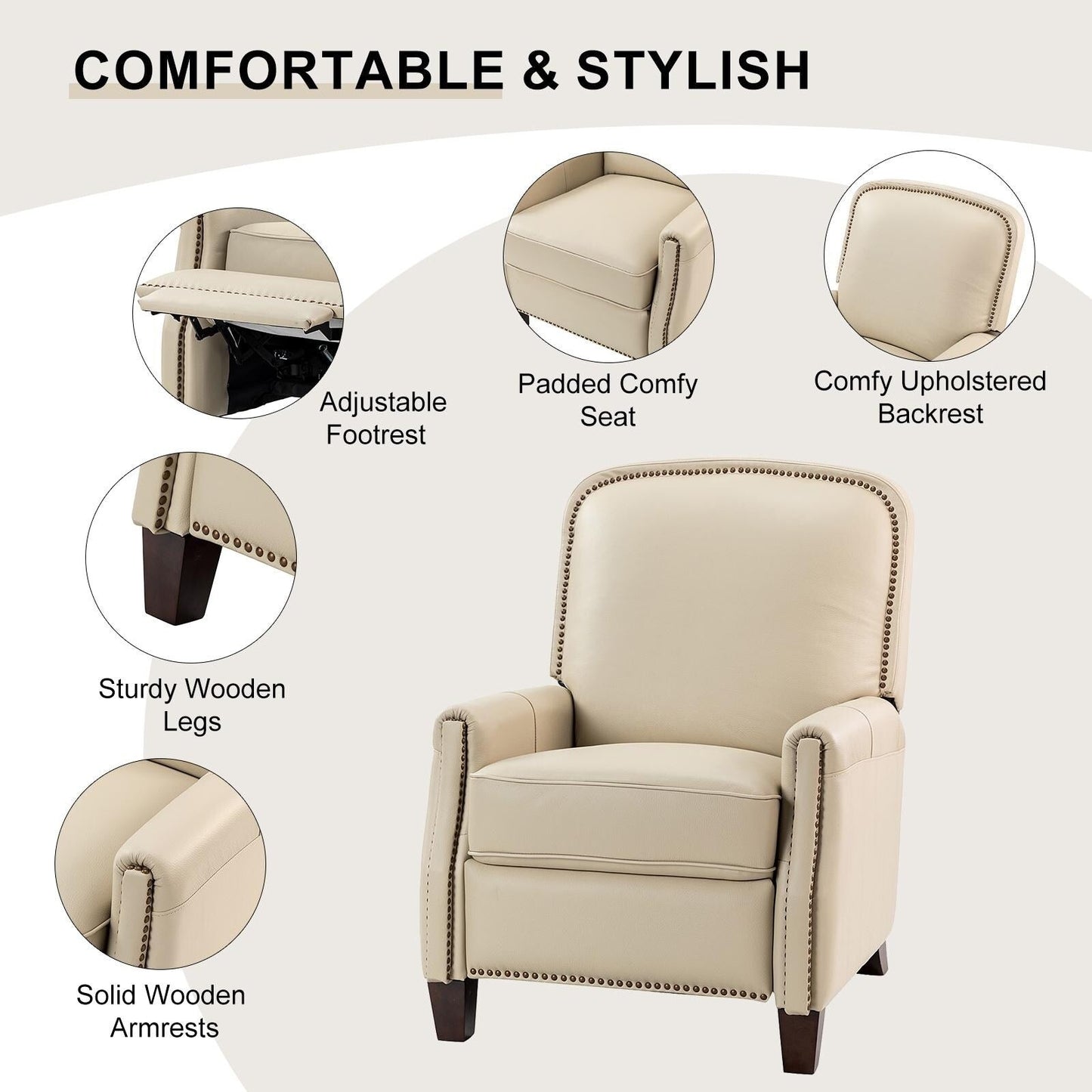 Fauteuil inclinable Gladis Modern Retro en cuir véritable avec garniture cloutée par HULALA HOME