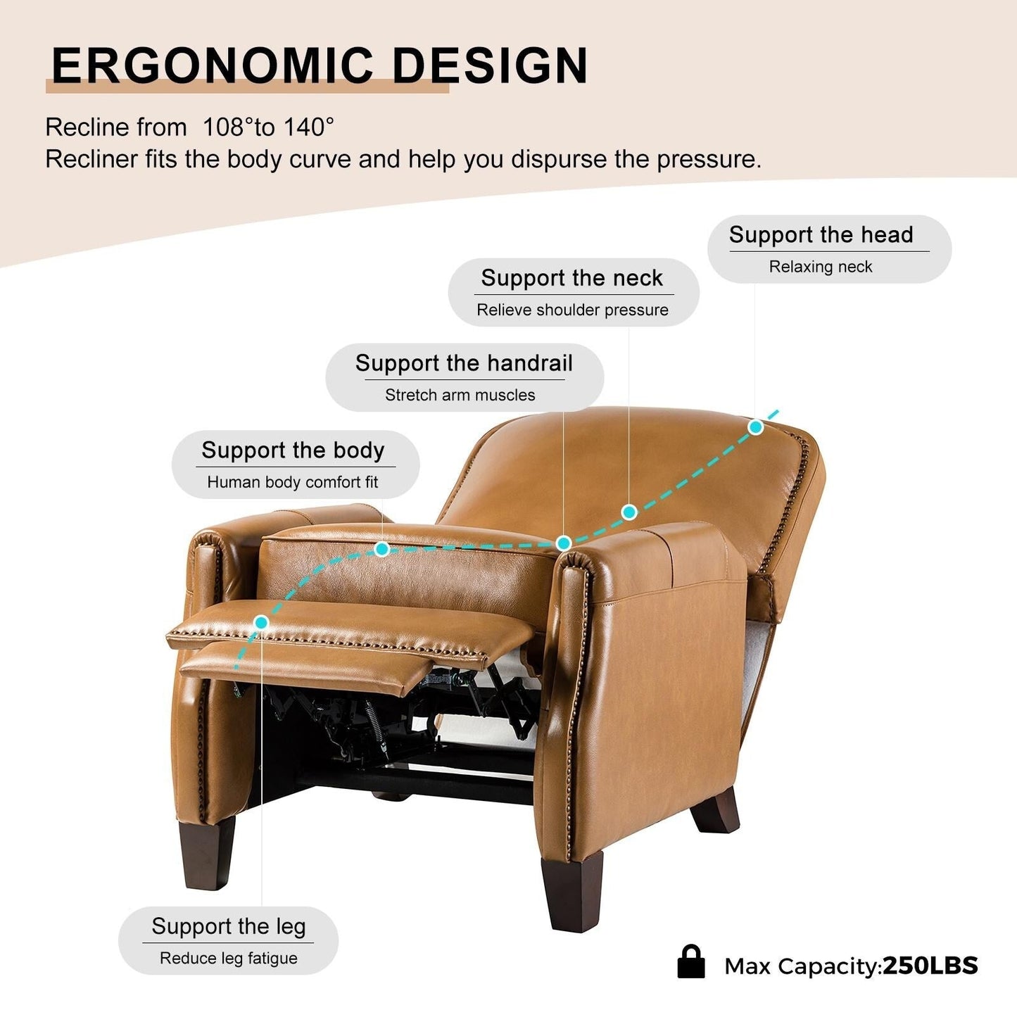 Fauteuil inclinable Gladis Modern Retro en cuir véritable avec garniture cloutée par HULALA HOME