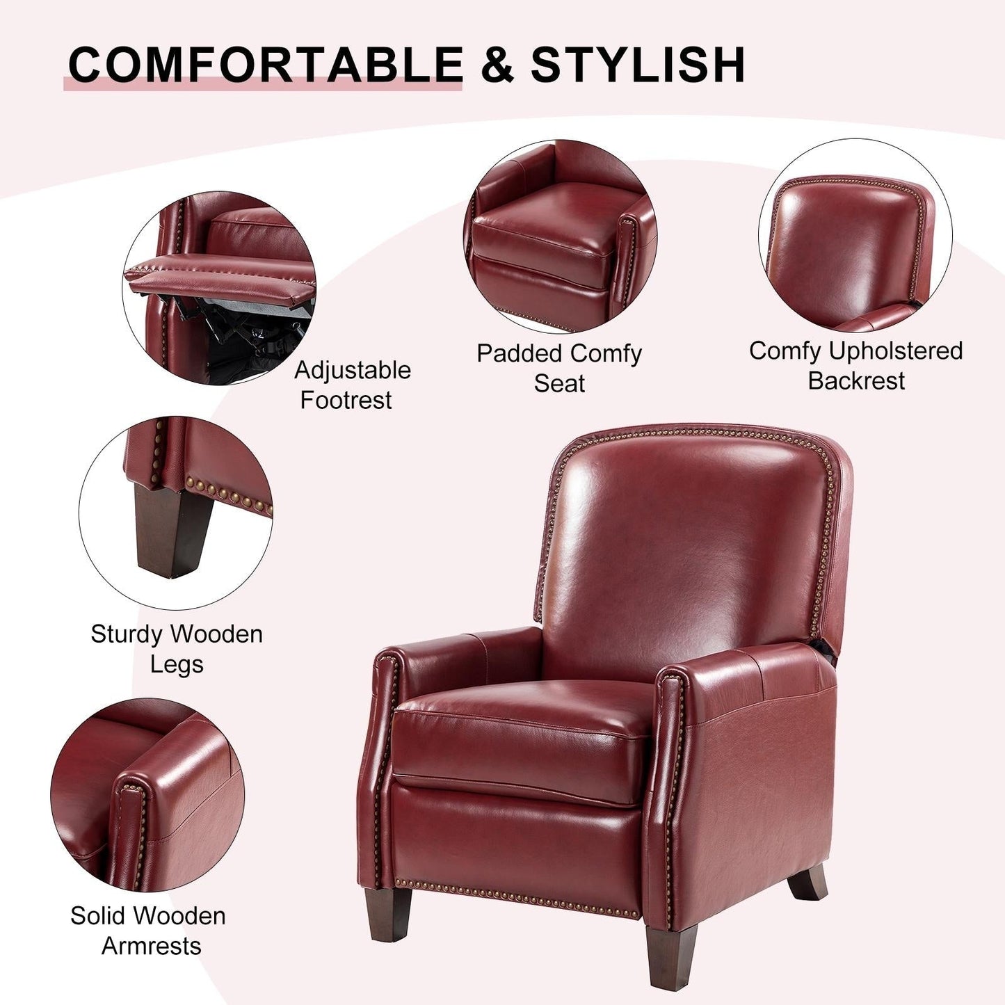 Fauteuil inclinable Gladis Modern Retro en cuir véritable avec garniture cloutée par HULALA HOME