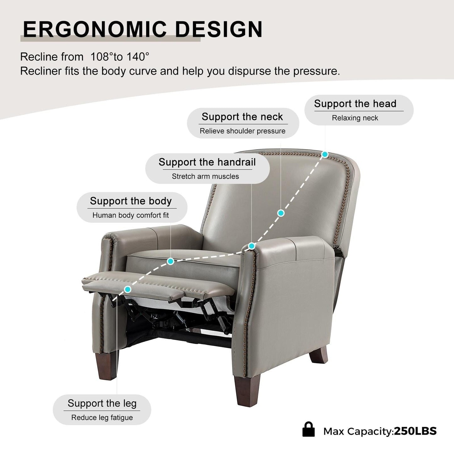 Fauteuil inclinable Gladis Modern Retro en cuir véritable avec garniture cloutée par HULALA HOME