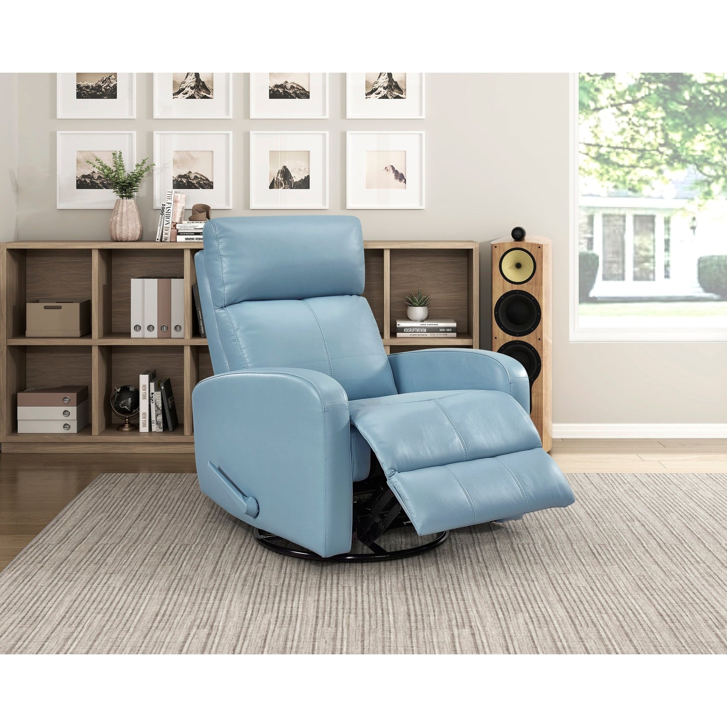Fauteuil inclinable pivotant en cuir bleu, revêtement en bois massif, confortable et luxueux, pour salon, 1 pièce