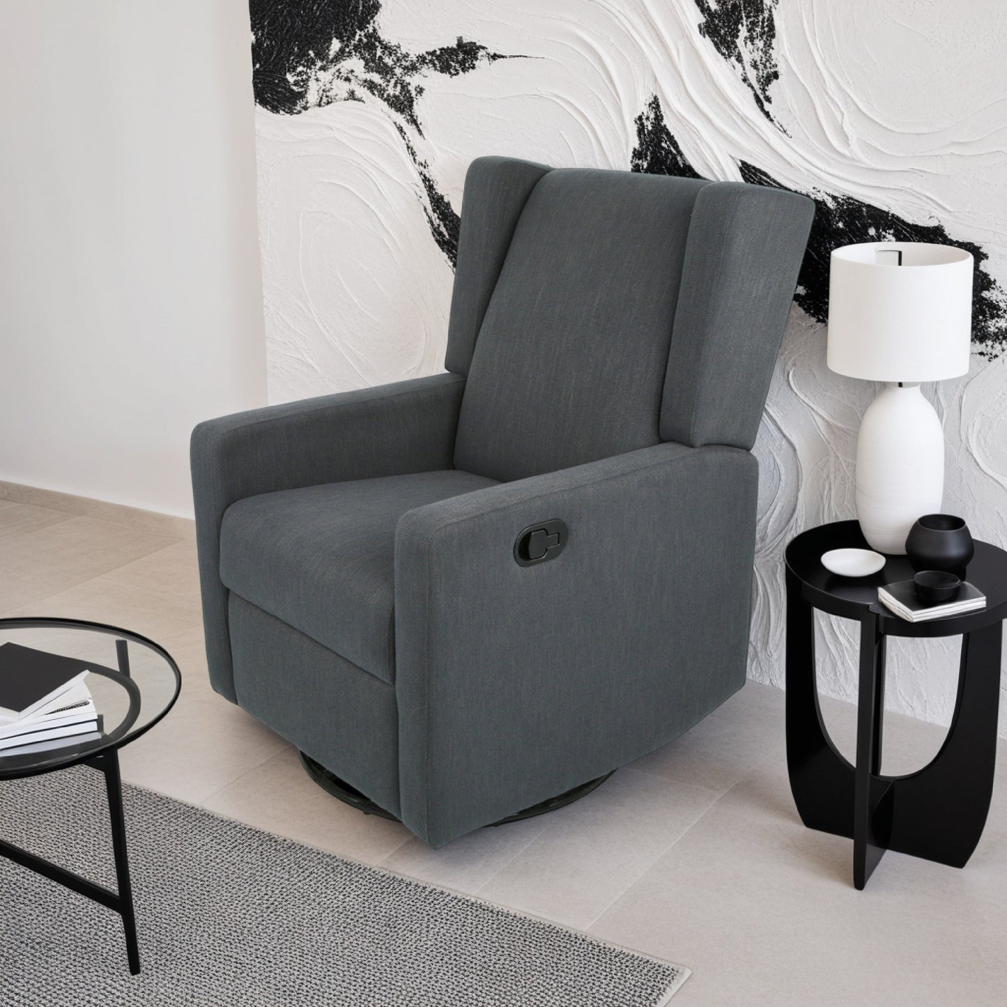 Fauteuil inclinable pivotant en bois de bouleau et tissu gris anthracite