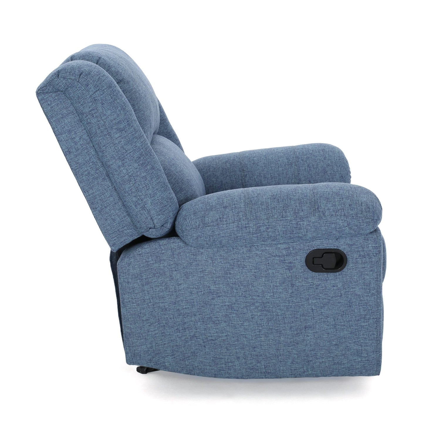 Fauteuil inclinable à bascule, accoudoirs coussinés, profil compact, tissu bleu