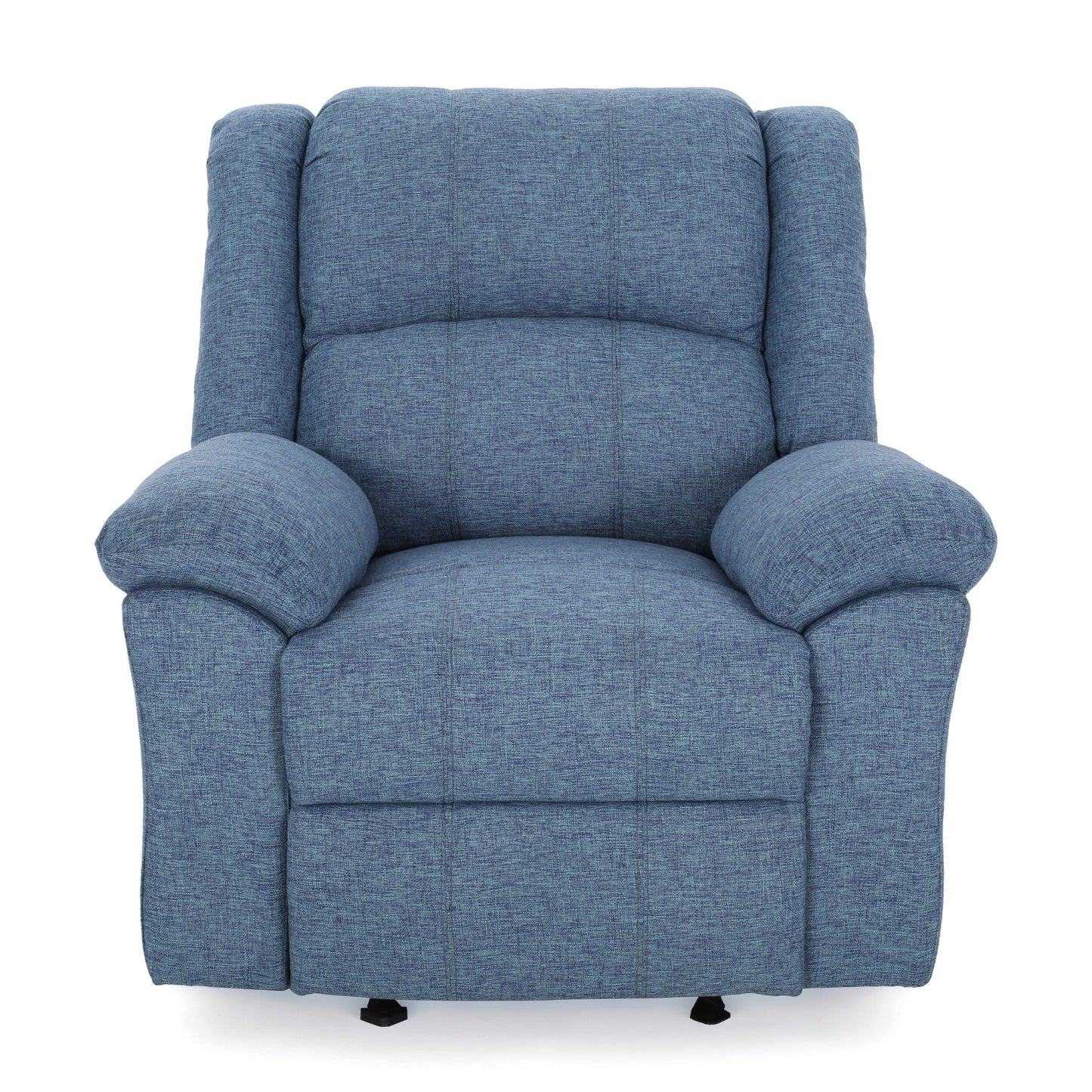 Fauteuil inclinable à bascule, accoudoirs coussinés, profil compact, tissu bleu