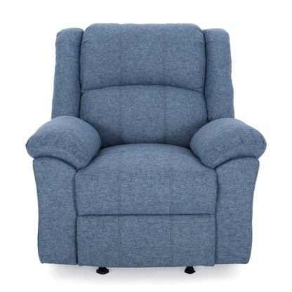 Fauteuil inclinable à bascule, accoudoirs coussinés, profil compact, tissu bleu