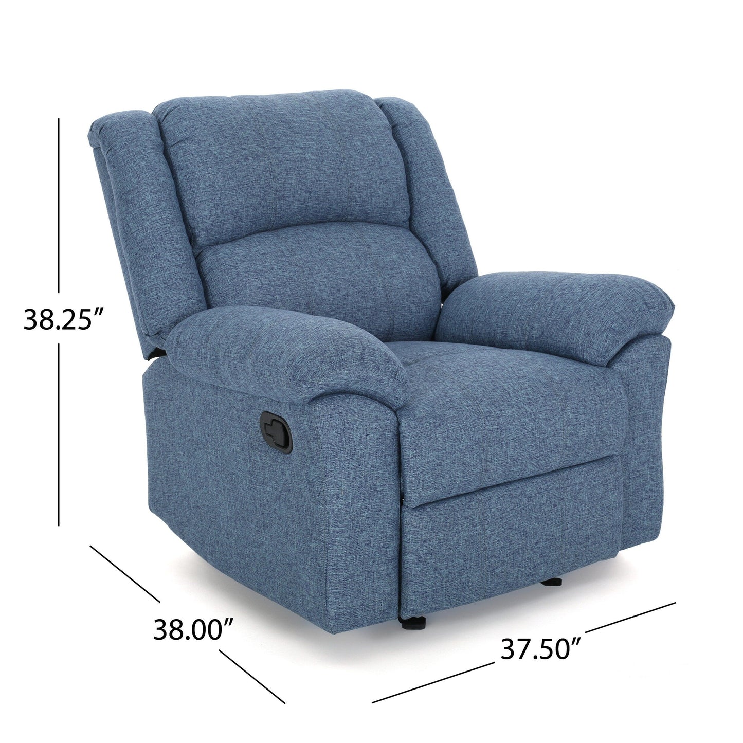 Fauteuil inclinable à bascule, accoudoirs coussinés, profil compact, tissu bleu