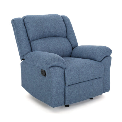 Fauteuil inclinable à bascule, accoudoirs coussinés, profil compact, tissu bleu