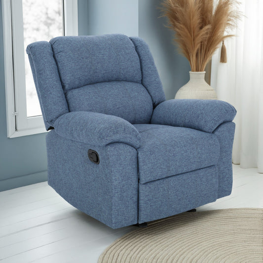 Fauteuil inclinable à bascule, accoudoirs coussinés, profil compact, tissu bleu