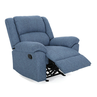 Fauteuil inclinable à bascule, accoudoirs coussinés, profil compact, tissu bleu