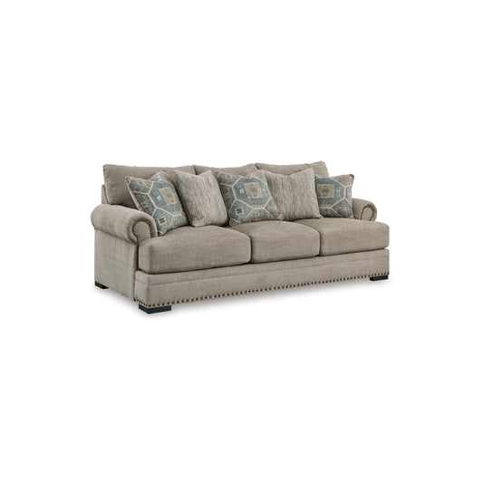 Canapé Golo, 5 coussins décoratifs, tissu gris taupe 97 pouces, garniture cloutée