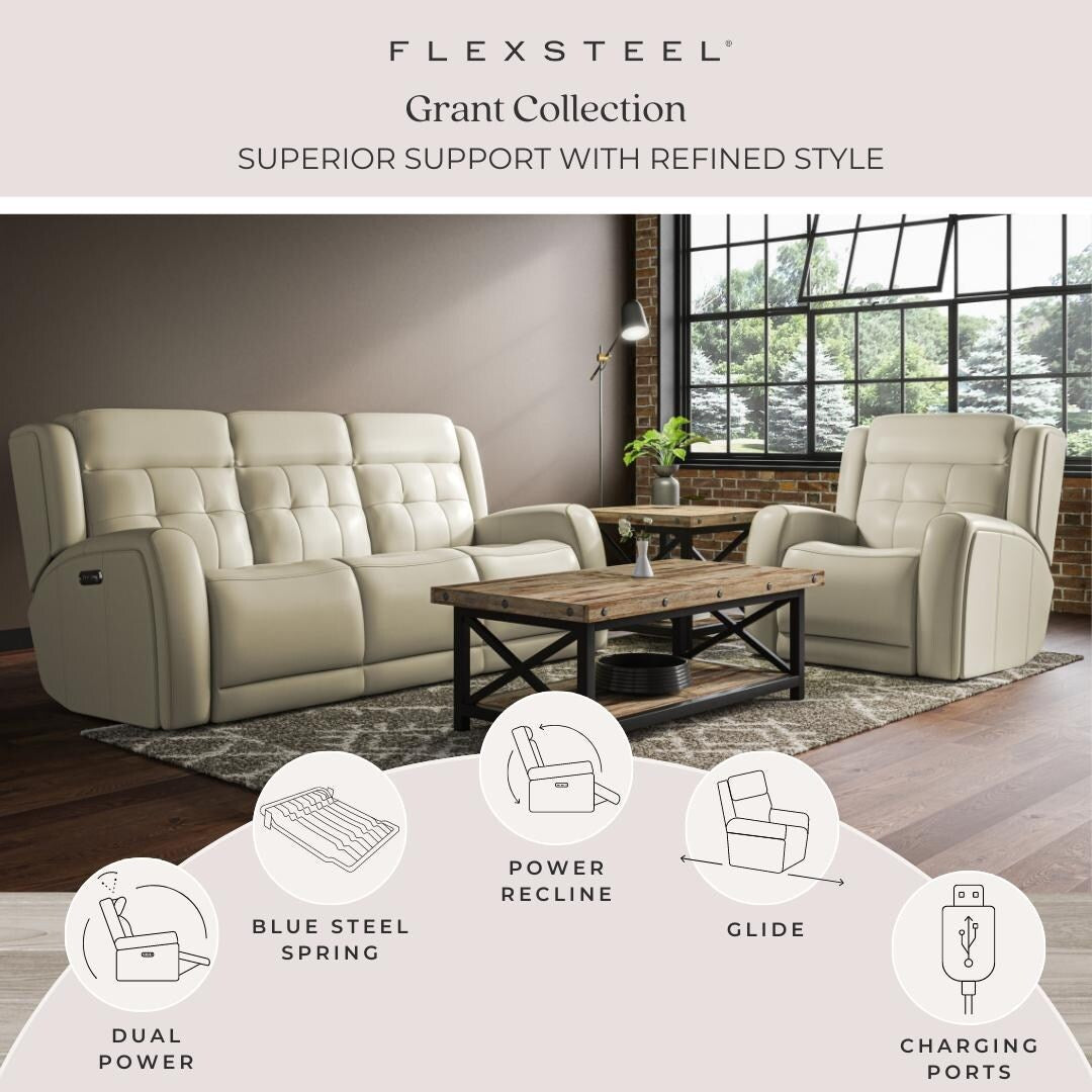 Canapé inclinable électrique en cuir Grant 87 avec appuie-têtes électriques par Flexsteel