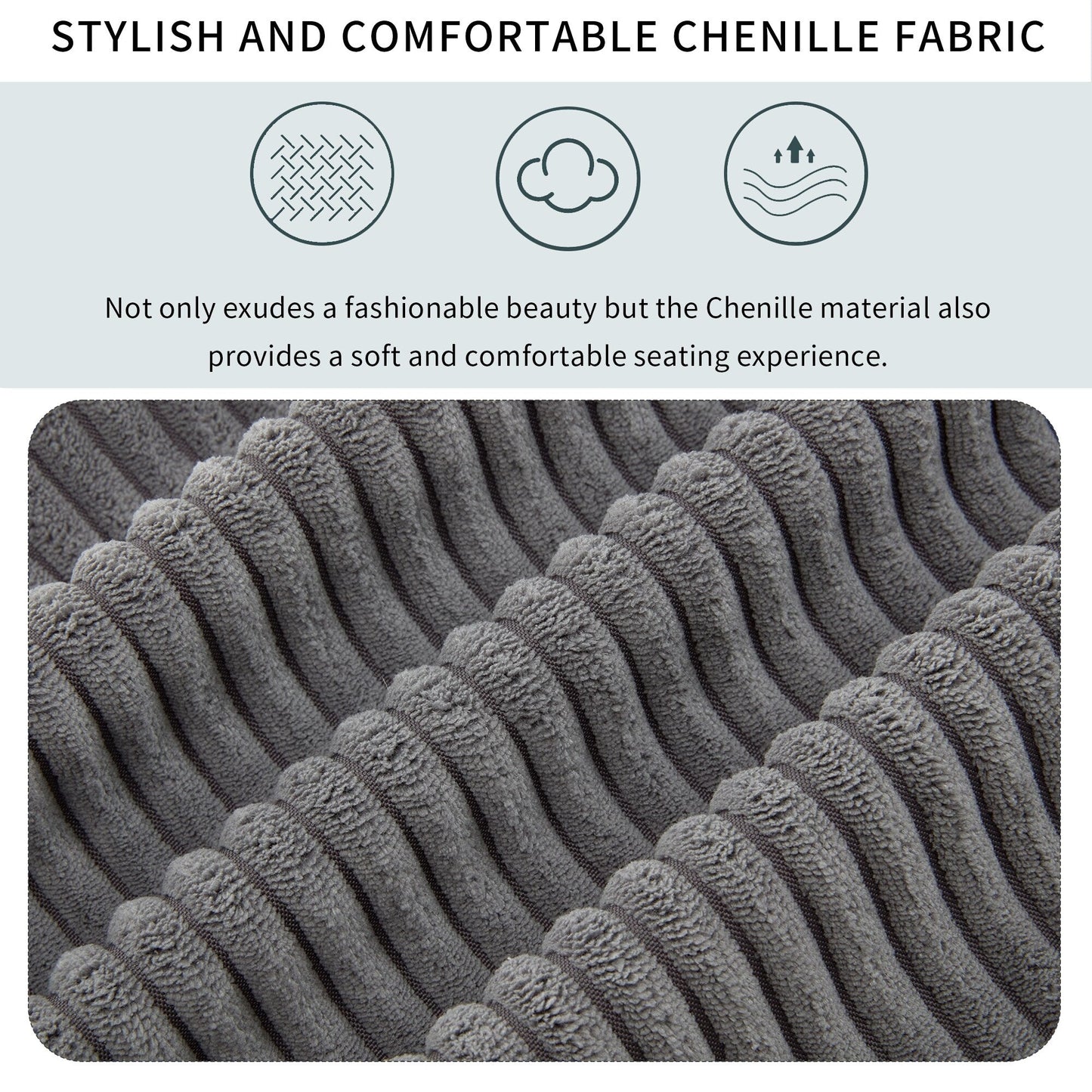 Canapé 3 places rembourré en velours côtelé gris 105 avec coussins de dossier amovibles et 5 oreillers pour le salon