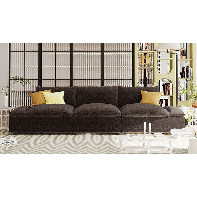 Canapé 3 places gris 119,5" en polyester avec 2 rangements et pieds en bois d'hévéa pour le salon