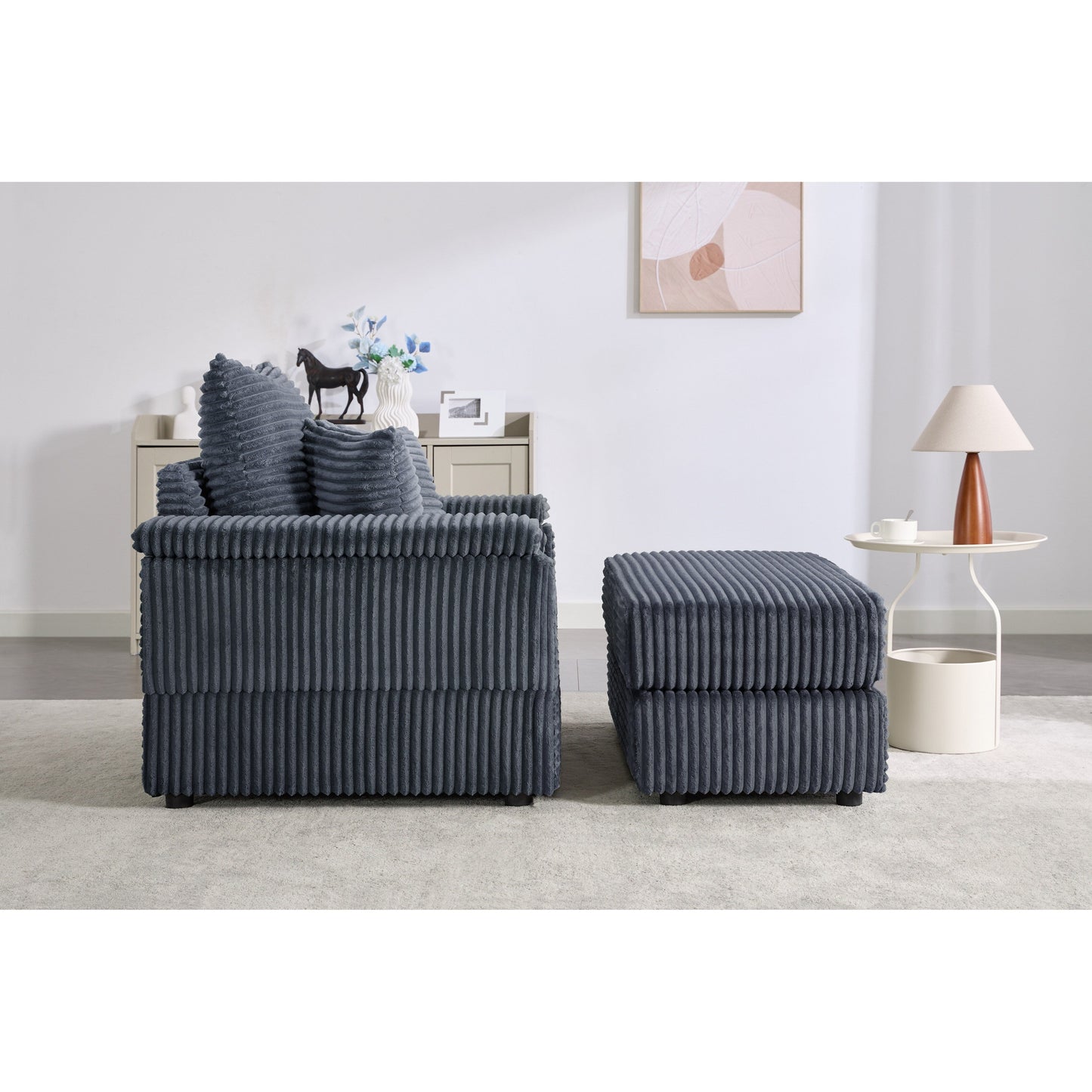 Canapé simple profond en velours côtelé gris 42,52 po avec pouf amovible, accoudoir avec rangement et 2 coussins décoratifs