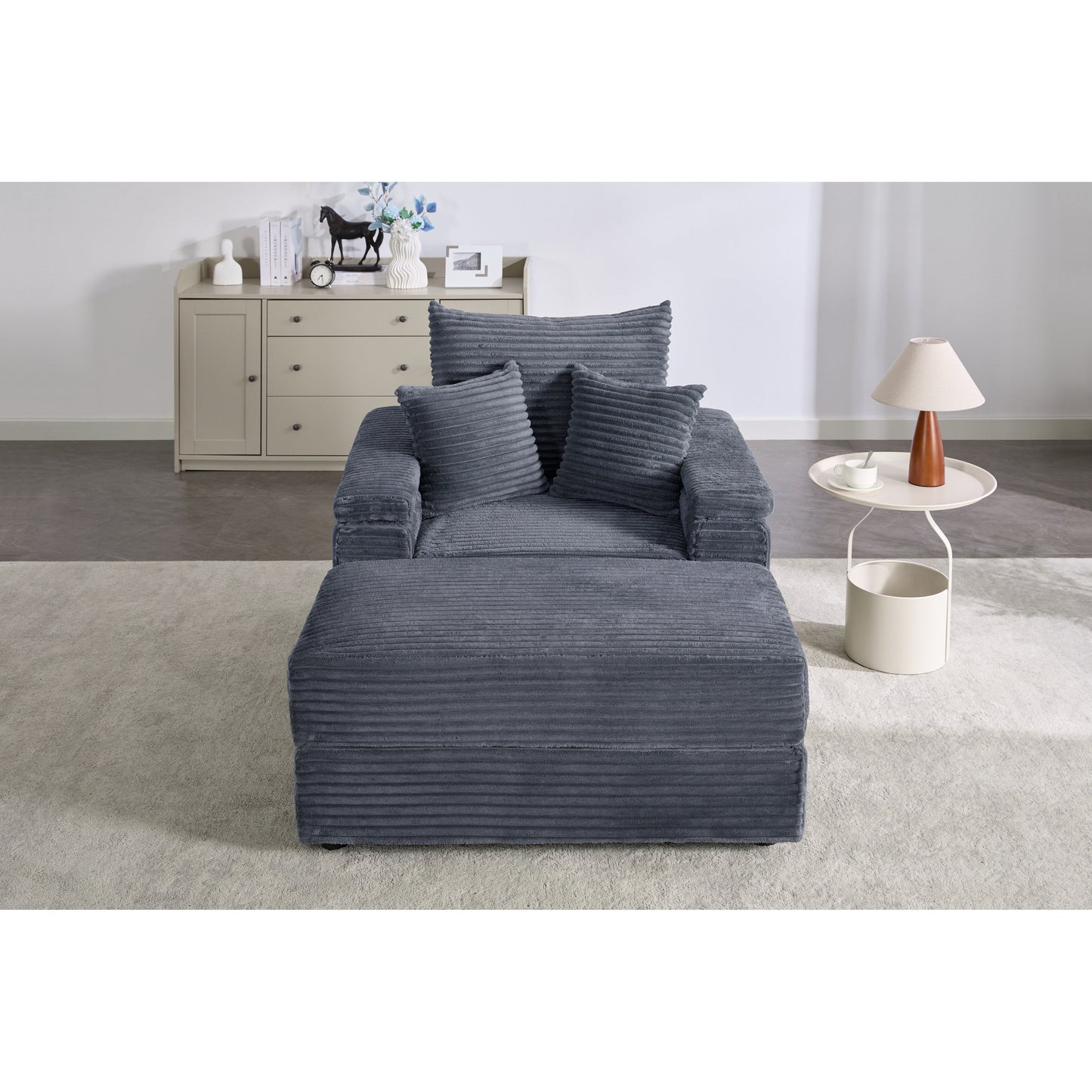 Canapé simple profond en velours côtelé gris 42,52 po avec pouf amovible, accoudoir avec rangement et 2 coussins décoratifs