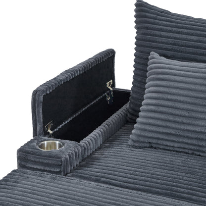Canapé simple profond en velours côtelé gris 42,52 po avec pouf amovible, accoudoir avec rangement et 2 coussins décoratifs
