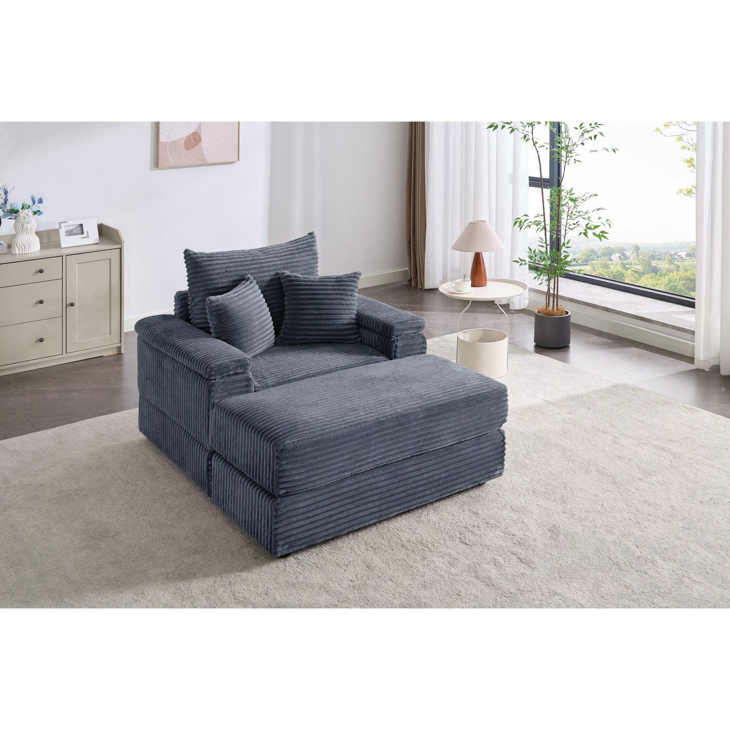 Canapé simple profond en velours côtelé gris 42,52 po avec pouf amovible, accoudoir avec rangement et 2 coussins décoratifs