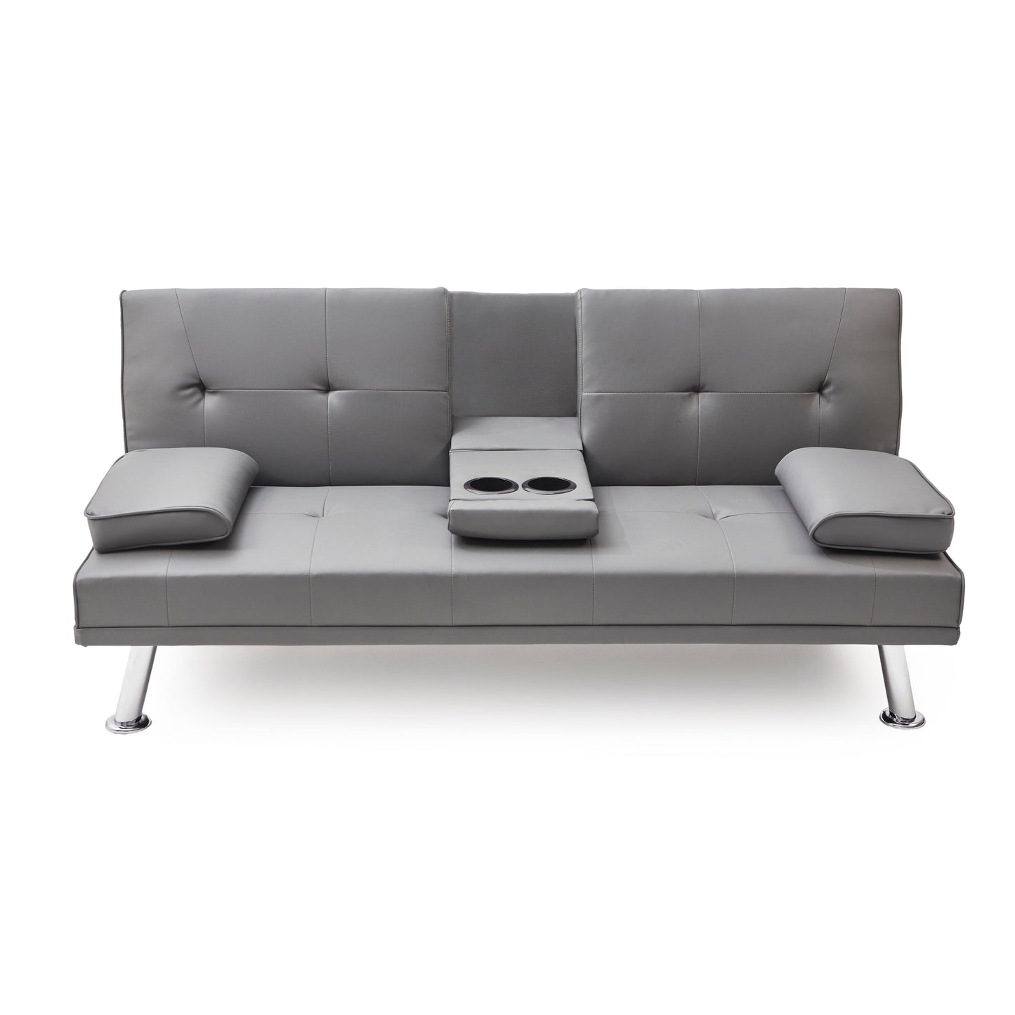 Canapé-lit pliant en similicuir gris 67 avec pieds en métal argenté et porte-gobelet pour le salon