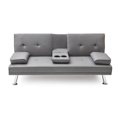 Canapé-lit pliant en similicuir gris 67 avec pieds en métal argenté et porte-gobelet pour le salon