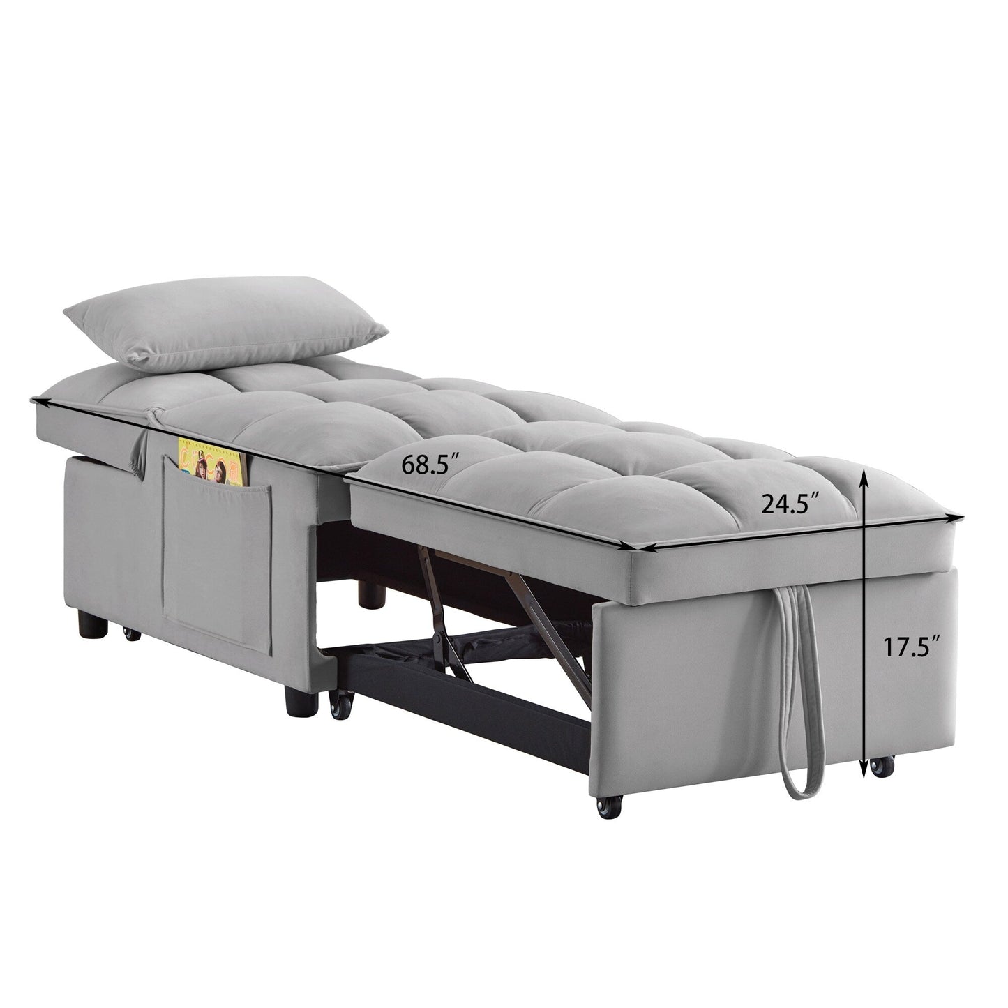 Canapé-lit simple pliant en velours gris 68,5 avec dossier réglable et oreillers pour le salon