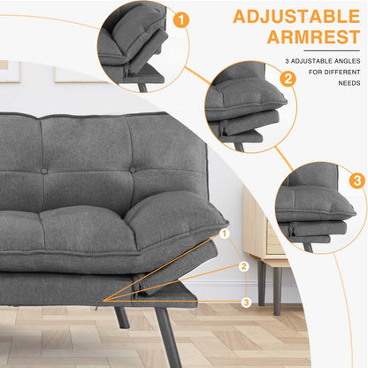 Canapé-lit pliant gris 70,8 en lin avec dossier réglable et six pieds en métal chromé pour le salon