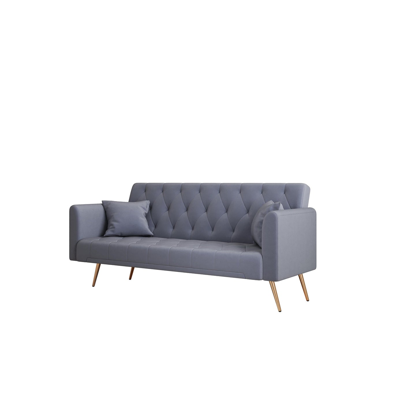 Canapé convertible 3 places en velours gris 71 avec deux coussins décoratifs et pieds en métal pour le salon