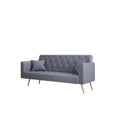 Canapé convertible 3 places en velours gris 71 avec deux coussins décoratifs et pieds en métal pour le salon