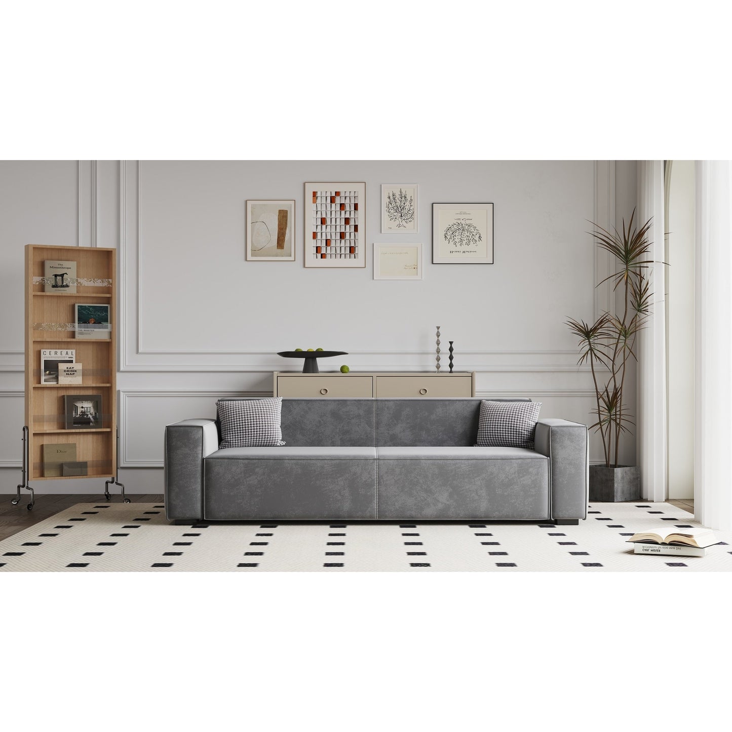 Canapé causeuse rembourré en chenille grise avec pieds en bois