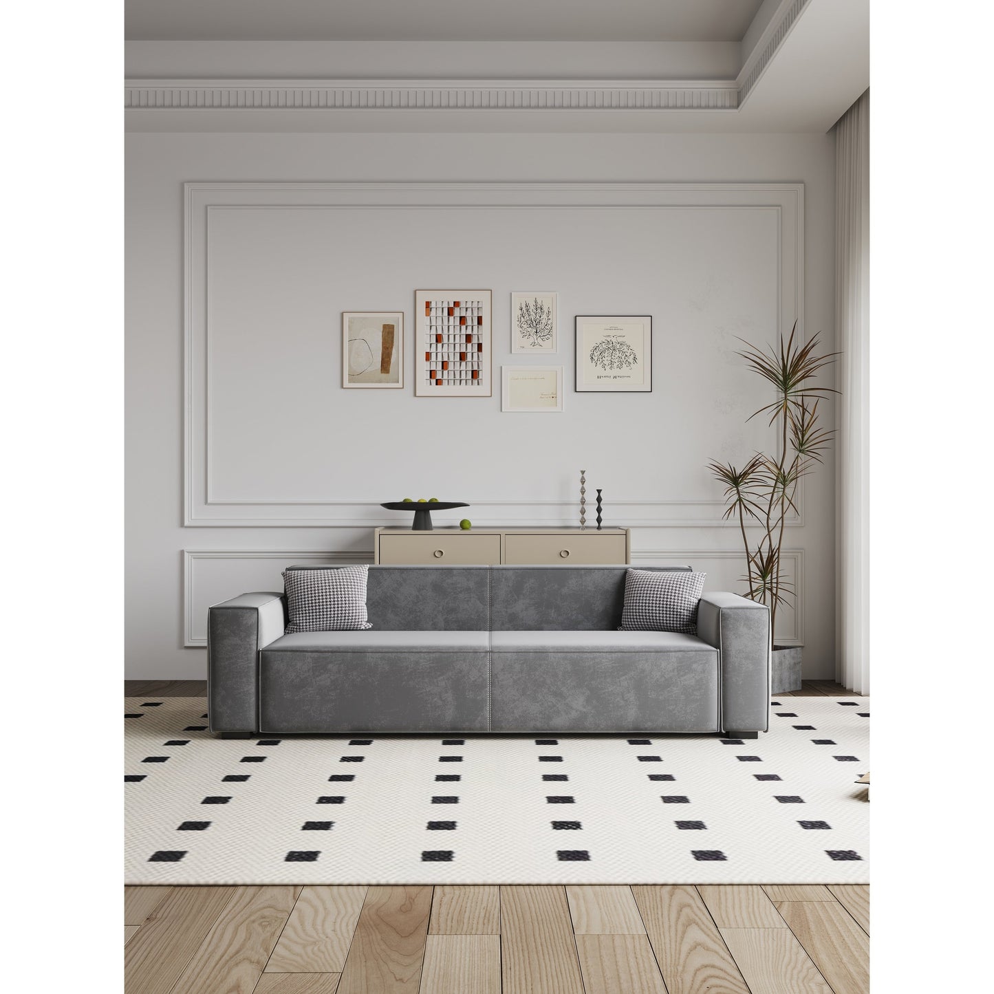 Canapé causeuse rembourré en chenille grise avec pieds en bois