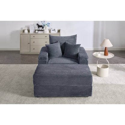 Canapé simple en velours côtelé gris avec pouf et accoudoir de rangement