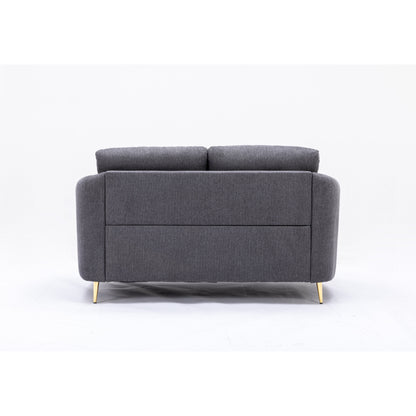 Canapé causeuse en lin gris avec pieds en métal doré et coussins d'assise moelleux