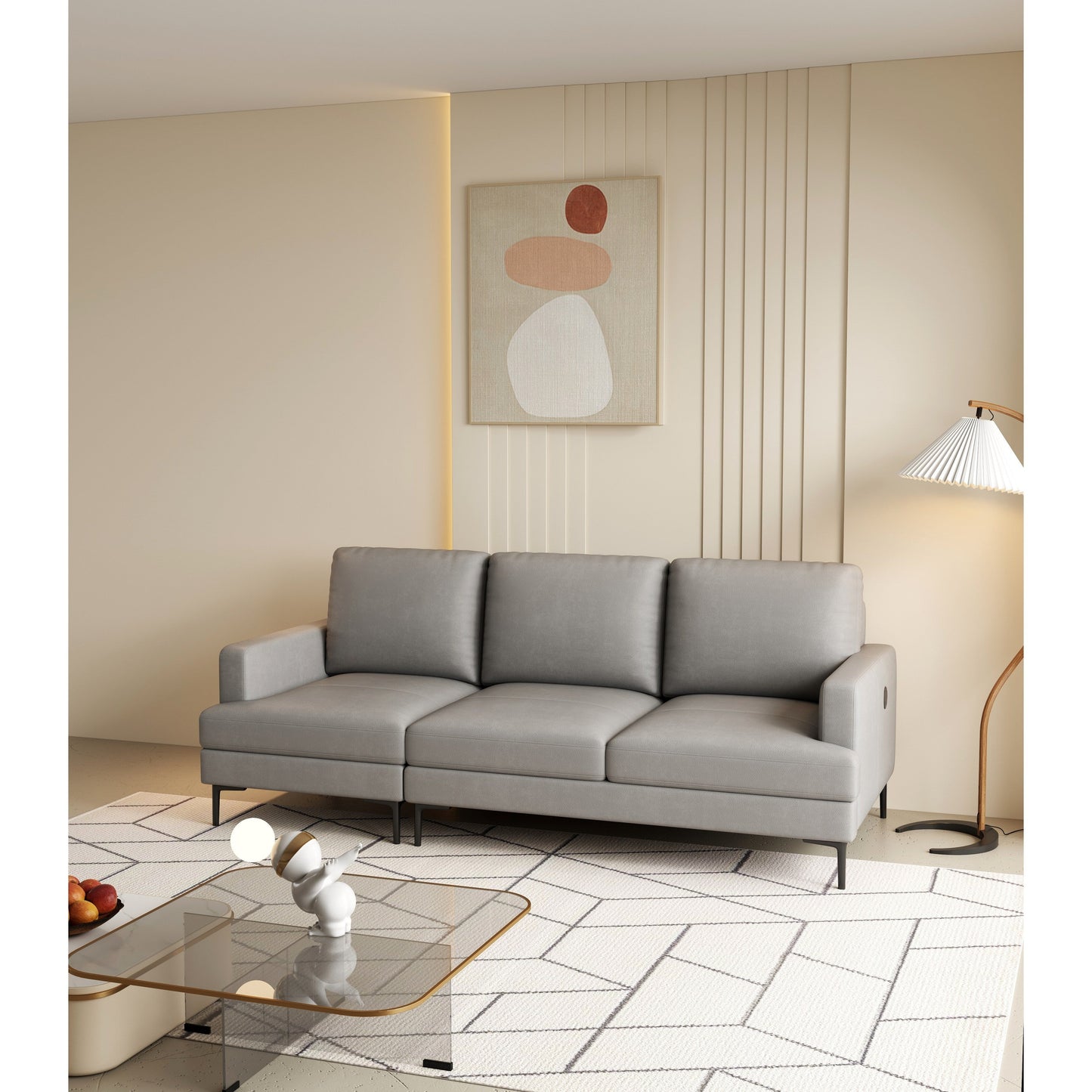 Canapé 3 places en cuir véritable gris de luxe 77 pouces avec chargeur USB pour le salon