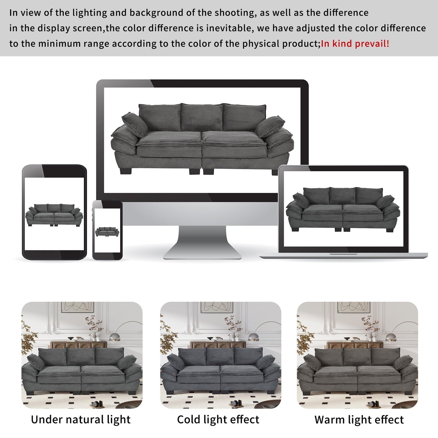 Canapé causeuse gris moderne en velours côtelé 85,4 avec 2 coussins décoratifs pour le salon